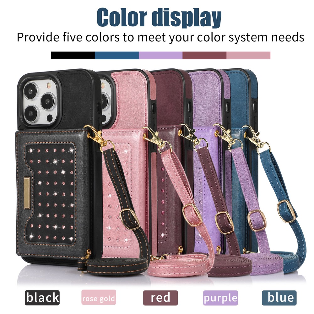For iPhone 15 Pro Max/15+ Crossbody Strap Diamond Leather Card Slots Case Cover
