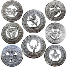 Scottish Kilt Fly Plaid Brooch Chrome Finish 3" Thistle,Stag Head,Harp,Masonic