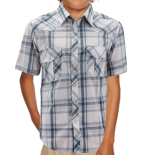 Boy’s Western Pearl Snap Button Down Casual Short Sleeve Plaid Cowboy Shirt - Picture 22 of 24
