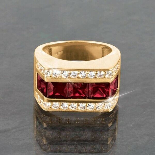 Natural Garnet Gemstone 14k Gold Plated Silver Ring For Men's En