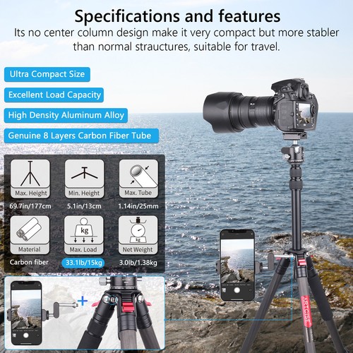 ARTCISE Carbon Fiber Travel Tripod Compact Camera Tripod W/34MM Ball Head Kit - Picture 5 of 17