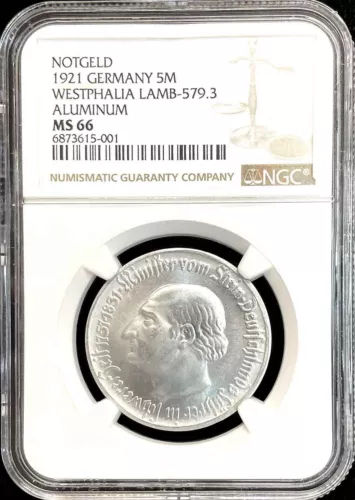1921 GERMANY WESTPHALIA 5 MARK BARON VON STEIN NOTGELD NGC MINT STATE 66