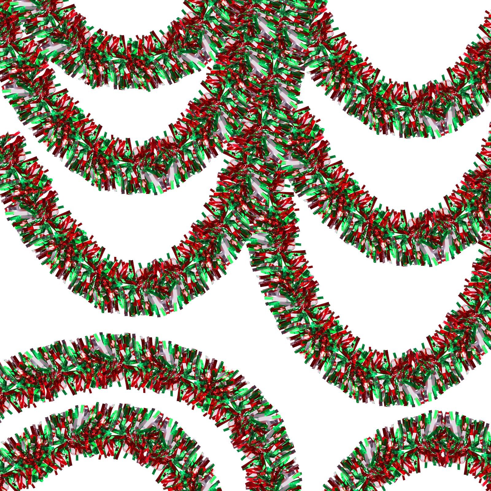 50FT Red Green Sliver Christmas Tinsel Garland, Christmas Garland Tinsel Garl...