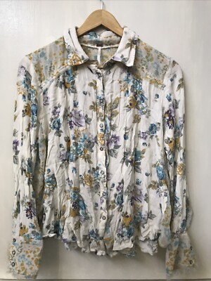 FREE PEOPLE Hold On to Me Contrast Floral Print Button Ivory Blouse Size Medium