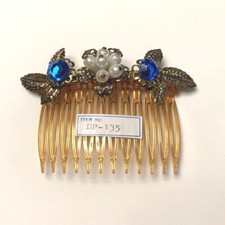 Vintage Hair Comb Plastic Metal Leaf Blue Faux Crystals Pearl Beads Fancy Prom