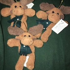 Vintage 2002 3 Pacific Craft Moose Christmas Ornaments. Stuffed Animal 4" Tall