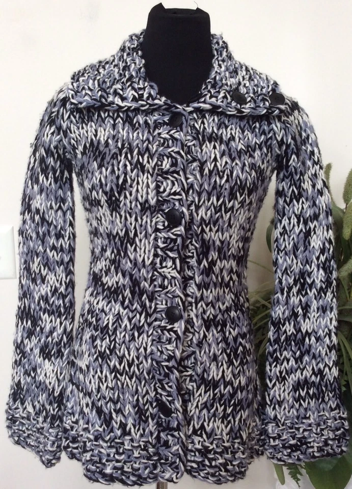 Nuevo 525 WMN Gris Negro Mezcla Acrílico Grueso Tejido Suéter Cárdigan Talla S Ret. $108
