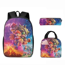 Super Mario 3PCS Set Kids Large School Backpack Cooler Lunch Bag Pen Case Lot