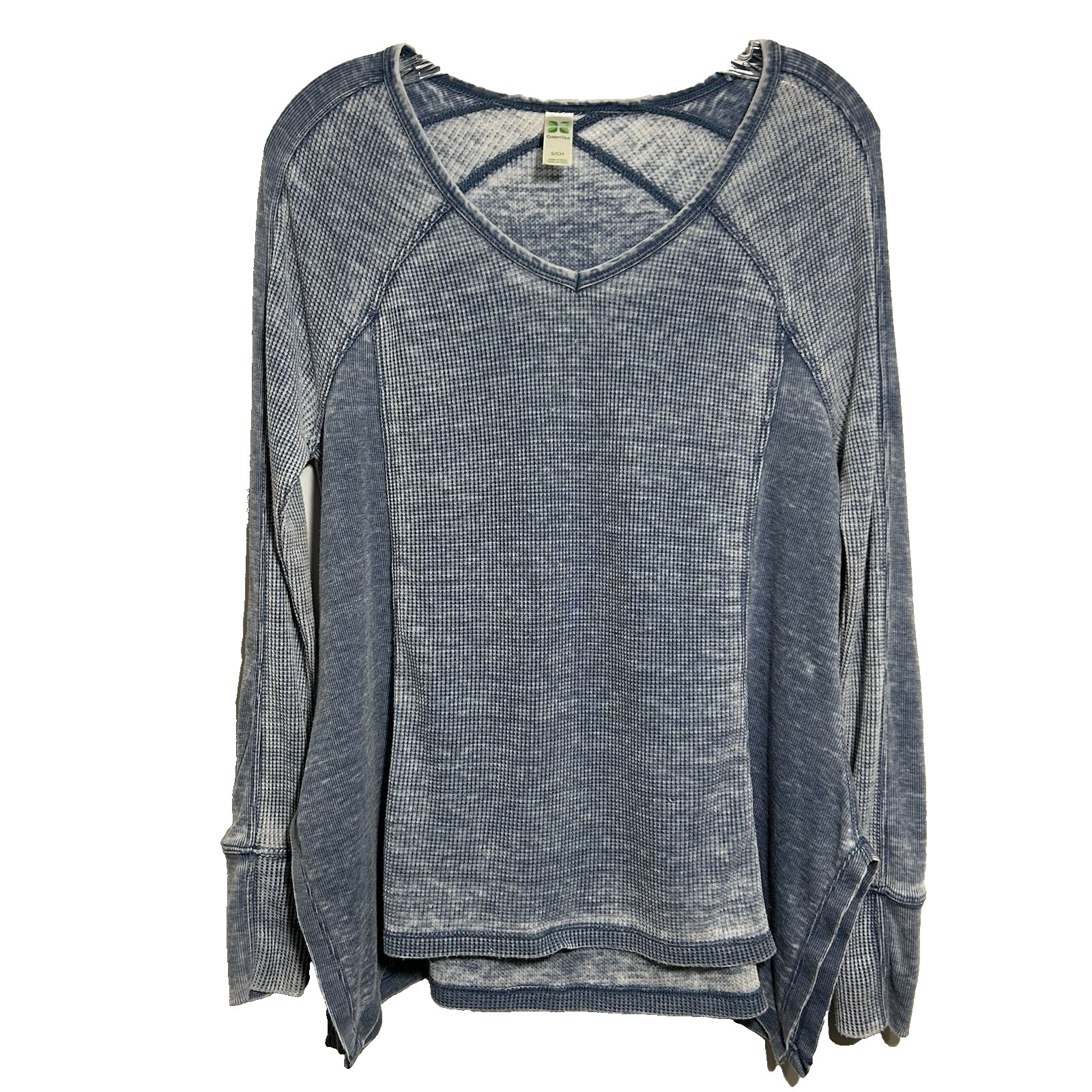 Thermal Waffle Knit Top Women S Blue Long Sleeve V-neck Lightweight