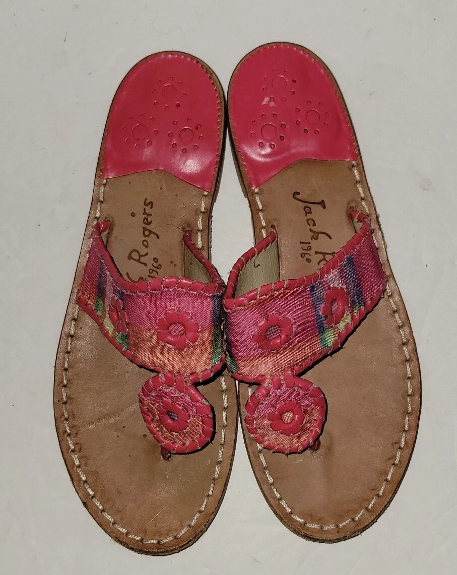 JACK ROGERS pink Madras Plaid fabric Whipstitch Medallion Leather