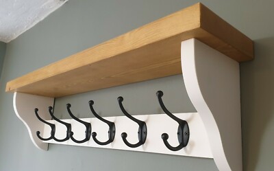 Garderobe + Regal schwebend rustikal Handarbeit Wandmontage 6 doppelte schwarze Haken
