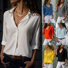 Spring/Summer Women's Solid Color Casual Long Sleeve Deep V Button Chiffon Shirt