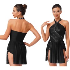 Womens Dancewear Irregular Hem Dress Latin Bodysuit Built-in Briefs Costume