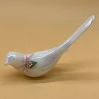 Fenton Glass Bird Dove Mother of Pearl White Iridescent With Applied Pink Flower