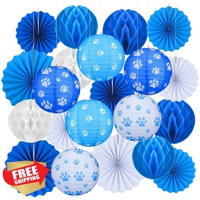 Retisee Dog Paw Party Decor Blue White Hanging Lanterns Fans