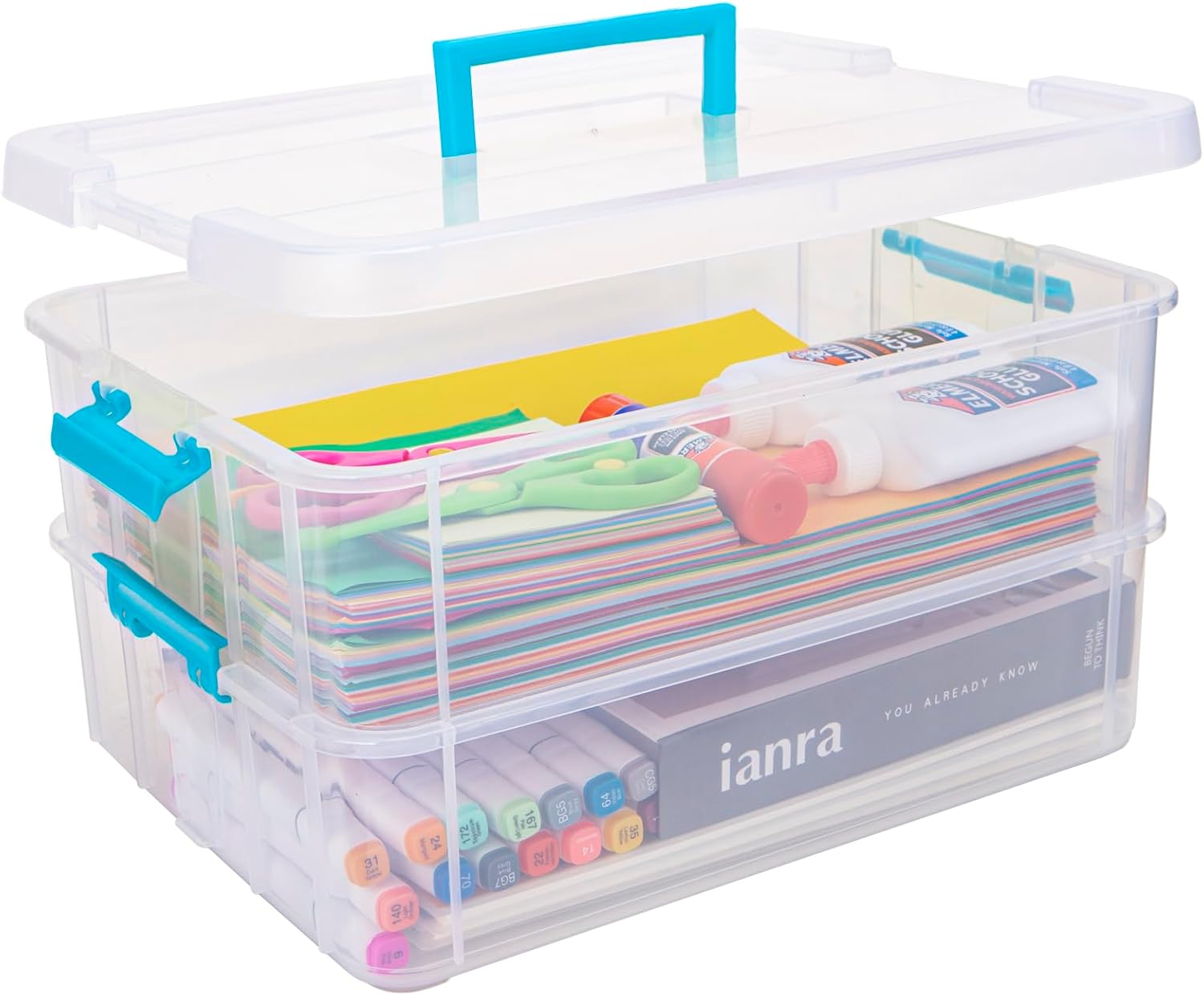 2 Layer Plastic Storage Containers with Lids, Multipurpose Clear Stack & Carry B