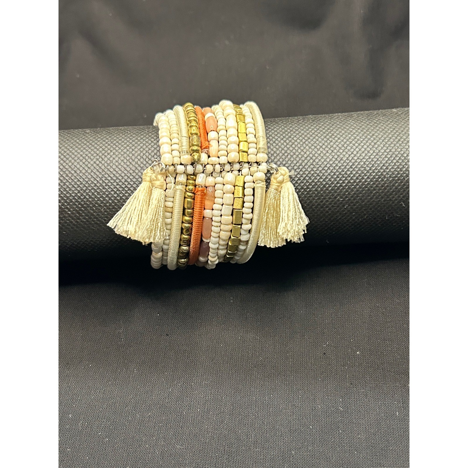 Boho Beaded Stretch Bracelet Stack Cream Gold Pea… - image 3