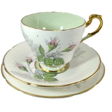 Paragon TRIO Fine Bone China Tea Cup Saucer & Dessert Dish Rose Buds Lt Green