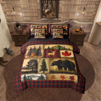 Rustic Bear Cabin 7-Piece King Comforter Set - Woodland Lodge Bedding