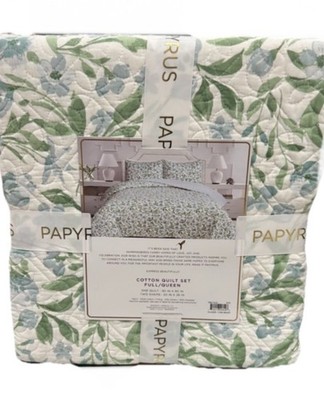 Papyrus Green, White and Blue Cotton Full/Queen Floral Quilt 90 x90 