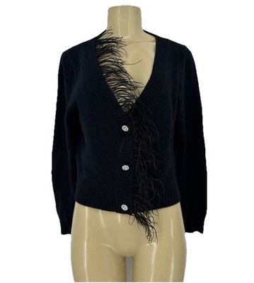 J. Crew Medium Women feather-trim cropped cardigan sweater Cashmere Wool Bl 6-5k