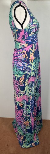Lilly Pulitzer Kleid Damen Medium Maxi Blau Neon Blumen Tropical Strick V-Ausschnitt - Bild 11 von 16