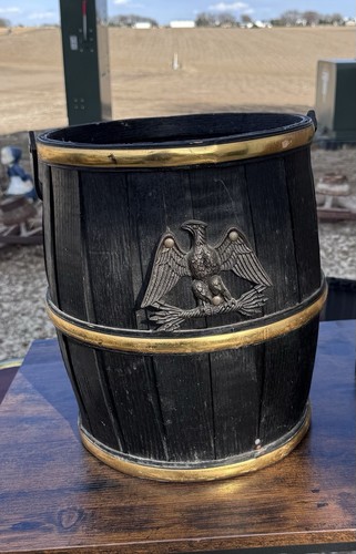 Vintage Wooden Barrel Apple Basket American Eagle Gold Trim W/ Handle 14.25 in - Picture 3 of 9