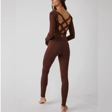 Free People FP Movement Releve Heathered Espresso Brown One Piece Bodysuit L