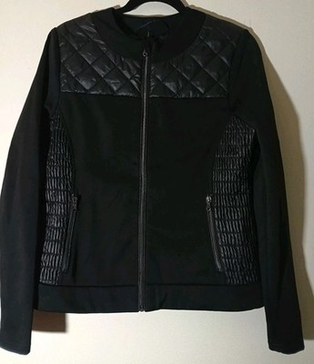 Poivre Blanc Women's Black Mixed Fabric Stretch Long Sleeve Zip Jacket, Medium.
