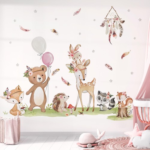 Boho Woodland Animals Wall Stickers Deer Bear Fox Rabbit Wall Decals Baby Nur...