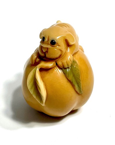 Vintage NETSUKE Carved Tagua Palm Nut Puppy Dog Perched on Apple Melon Signed