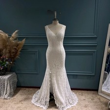 Classic Stretch Full Lace Side Slit Wedding Dress V Neck Open Back Bridal Gown