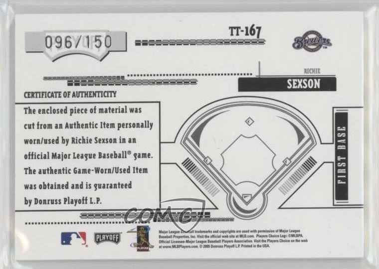 2005 Playoff Absolute Memorabilia Reverse Blue Jumbo Materials Richie Sexson - Image 2 of 2