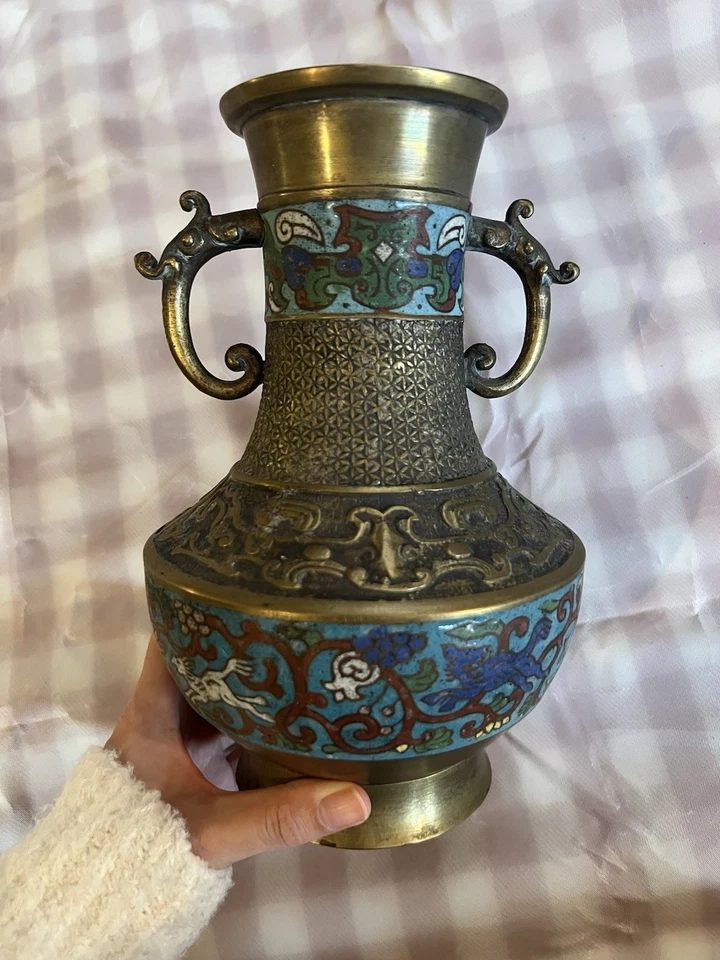 古董罕见世纪日本 Cloisonné Champlevé Urn 花瓶 — 第 3/4 张图片
