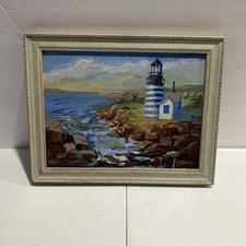 Vintage Framed & Signed Original Oil Painting Maine Lighthouse 14” X 11”