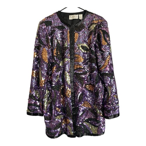 Vintage Oleg Cassini Black Tie Jacket Size Large Silk Beaded & Sequined $580 - Picture 1 of 24
