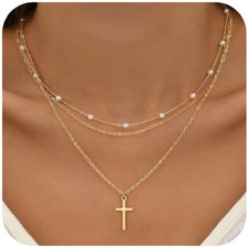 Pearl Layered Necklaces for Women, 14K Dainty Gold Necklace Pearl Cross Necklace