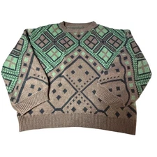 Romwe Brown Green Geometric Pattern Crewneck Knit Sweater Size L