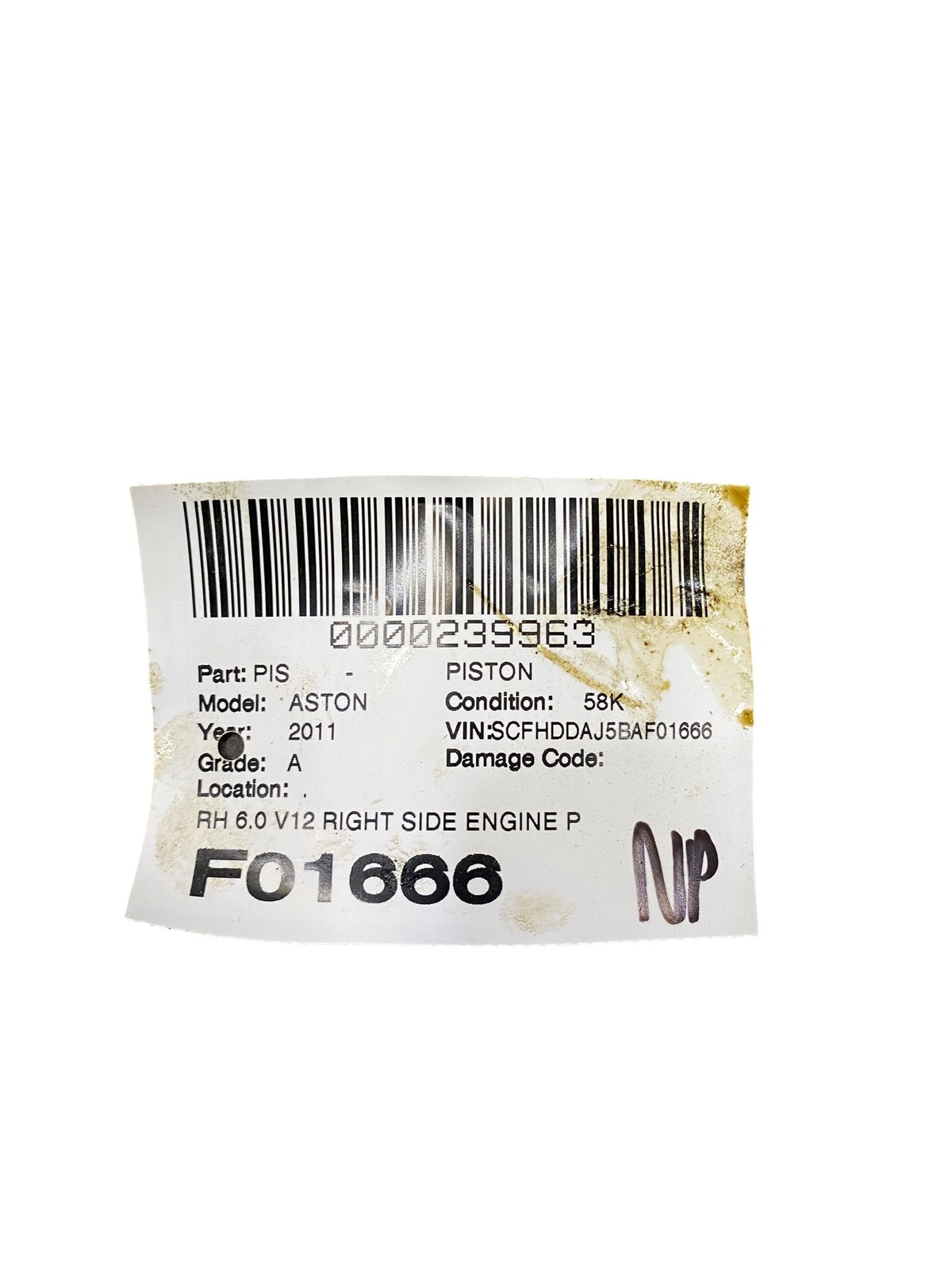 2010-2014 Aston Martin Rapide DDAJ 6.0 V12 RIGHT ENGINE PISTON W/ CONNECTOR ROD