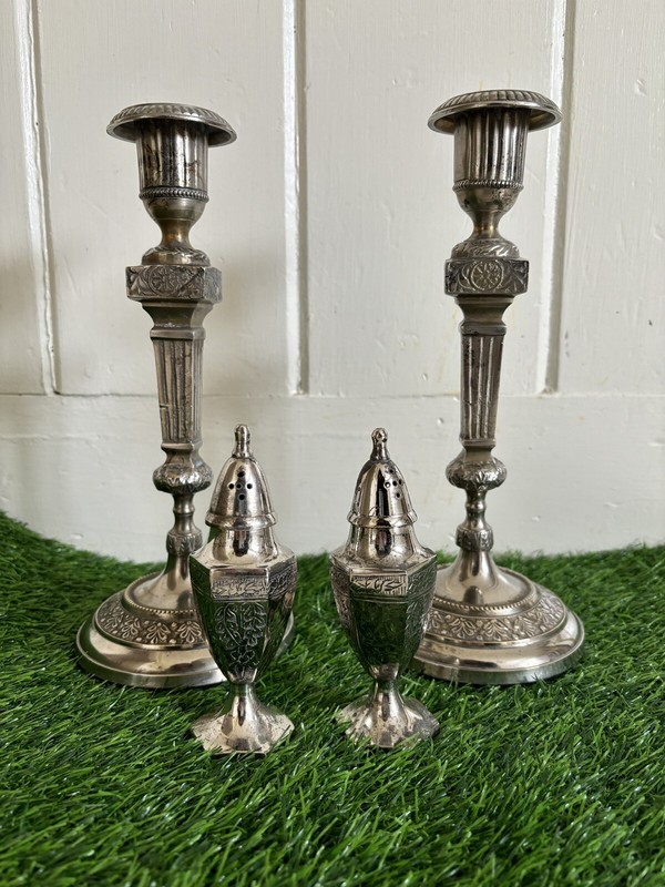 2 COLUMN CANDLESTICKS SILVER PLATED/SILVER and PAIR OF SALT & PEPPER SHAKERS