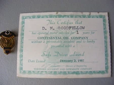 Vintage 1957  Continental Oil Company Conoco Safe Driver Certificate With Pin