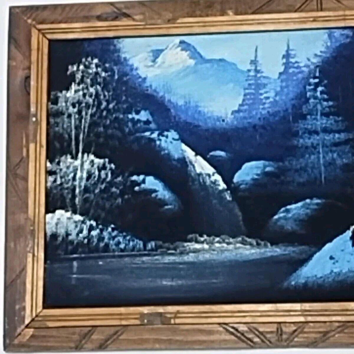 Velvet Painting Blue and White Landscape 22.5”X13.5” MCM Velvet Painting Blue and White Landscape 22.5”X13.5” MCM
