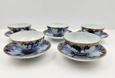 Fukagawa Seiji Porcelain Peony Gold Mill Cobalt Blue Set of 5 Tea Cups & Saucers