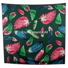 Dark Green Luxurious Handmade 35"x35" 100 Silk Twill Scarf Wrap w/ Feather Art