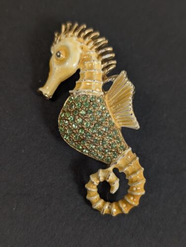 Vintage Enameled Seahorse Pin Brooch Green Rhinestones Costume Jewelry