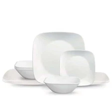 Classic Plates Bowls Dinner Service Set Pure White Square 12-Pce Dinnerware Set