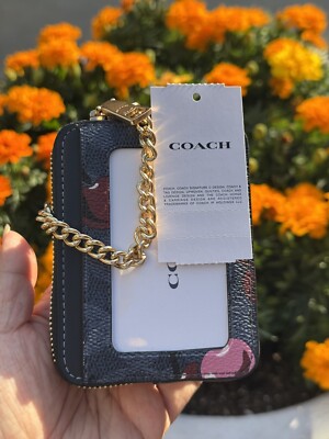 Coach Zip Card Case In Signature Canvas With Cherry Print