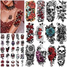77 Sheets Skull Rose Lotus Flower Butterfly Half Arm Realistic Temporary Tattoos