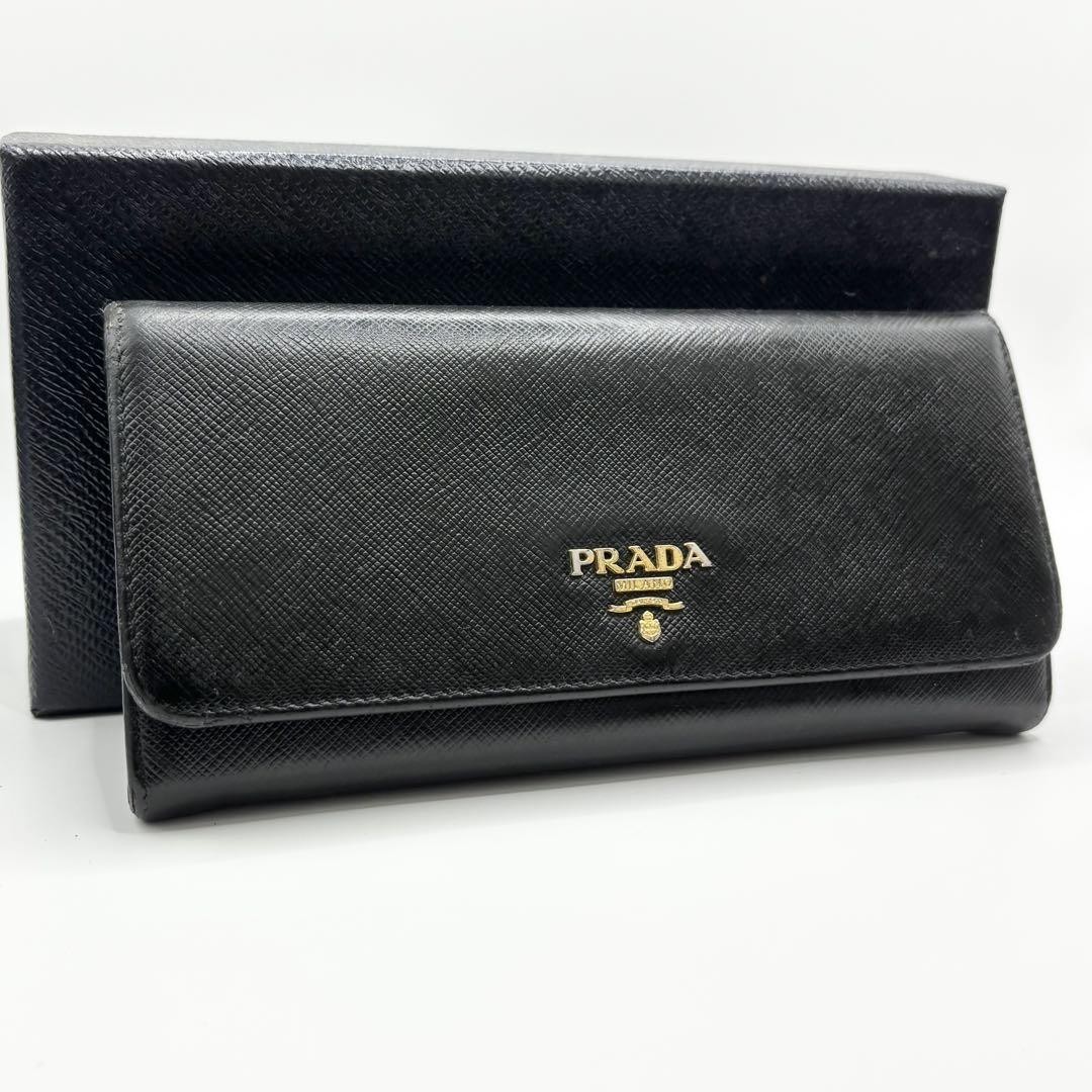 PRADA Saffiano Leather Long Wallet with Metal Logo in Black