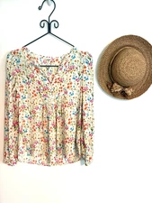 Gap White Multi Color Floral Print Pullover Vneck Flowy Top Blouse Small EUC